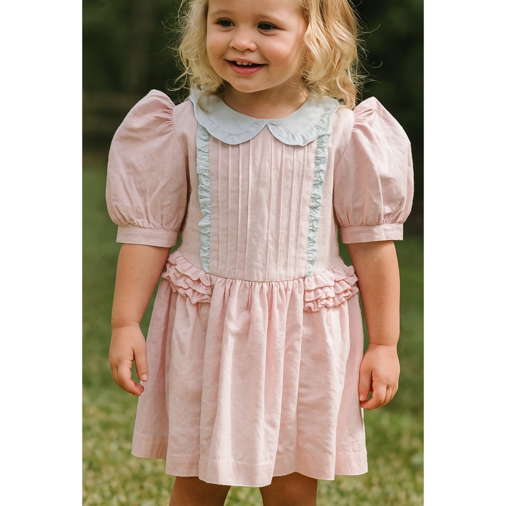 Pink Mousefeathers Girls Dress Size‎ 5 Puff Sleeve Peter Pan Collar Ruffles vtg